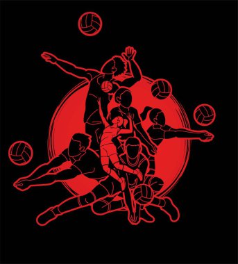 Voleybolcular grubu aksiyon karikatür grafik vektör.