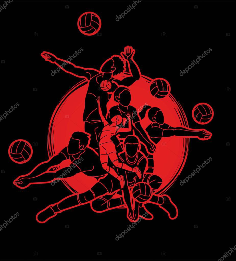 Group of Volleyball players action cartoon graphic vector.