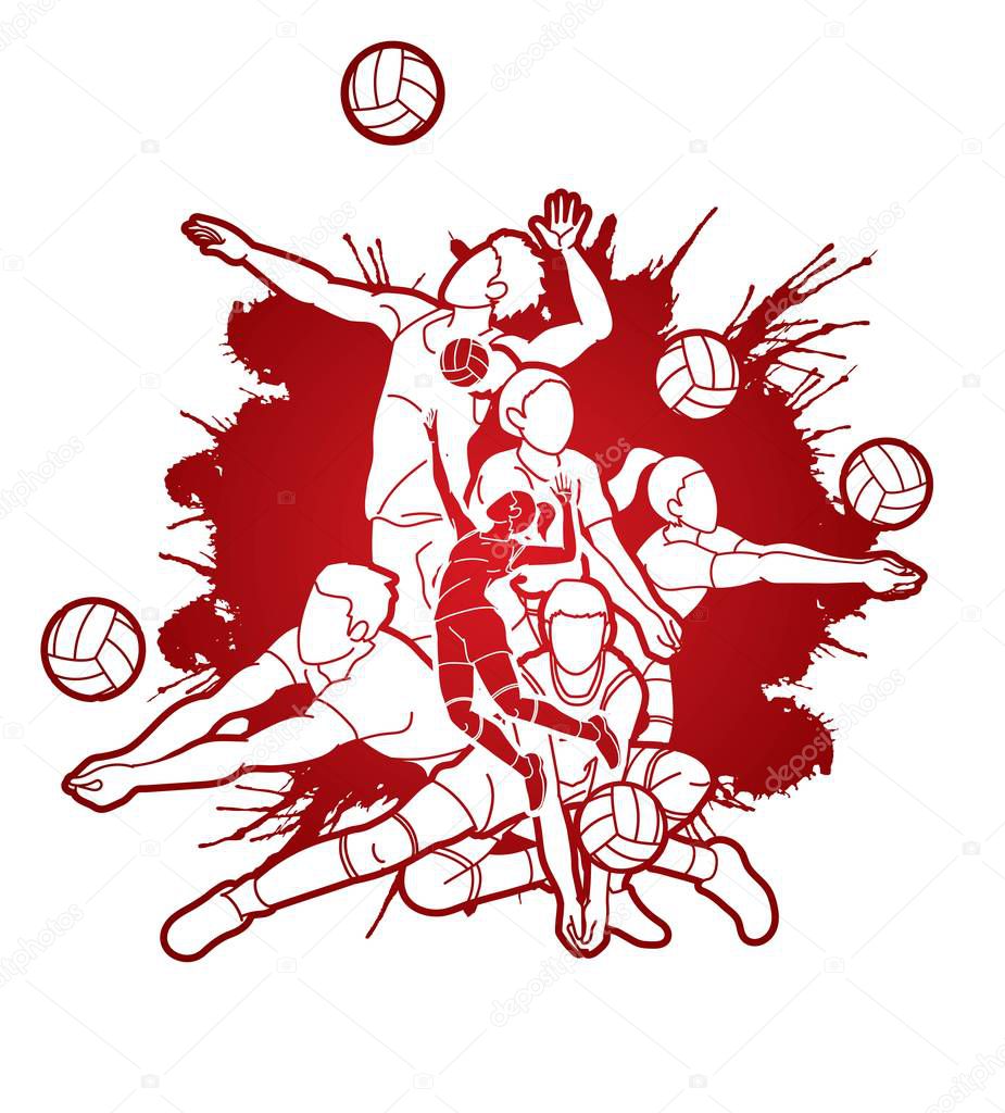Group of Volleyball players action cartoon graphic vector.