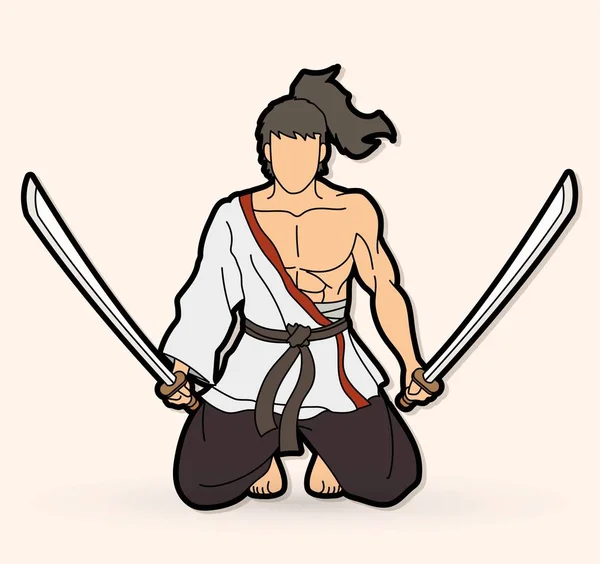 Samurai Guerreiro Sentado Com Espadas Cartoon Vector Gráfico — Vetor de Stock