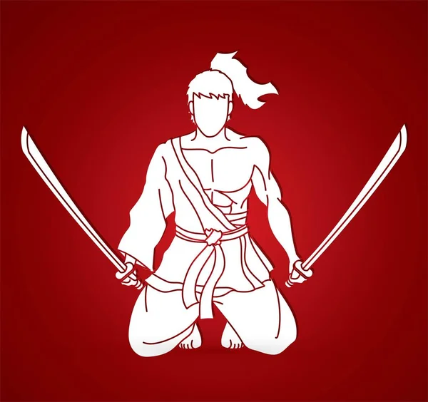 Samurai Guerreiro Sentado Com Espadas Cartoon Vector Gráfico — Vetor de Stock