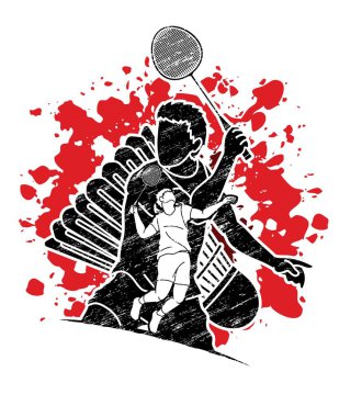Badminton oyuncu eylem karikatür grafik vektör.