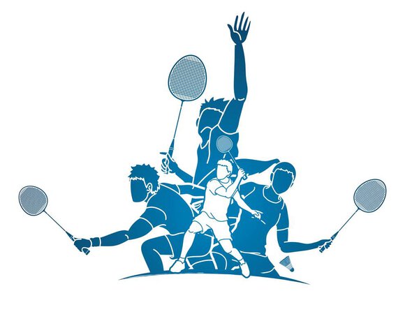 Group of Badminton player action cartoon graphic vector.