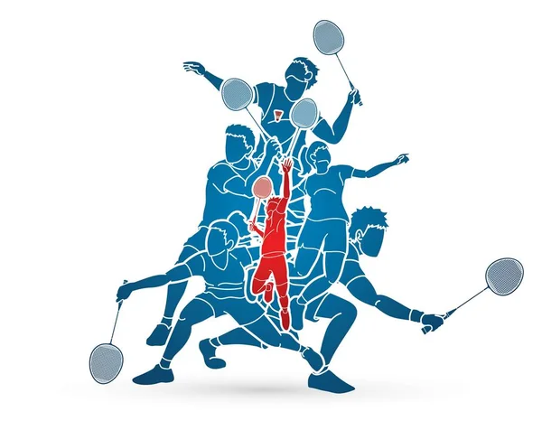 Groupe Badminton Joueur Action Dessin Animé Vecteur Graphique — Image vectorielle