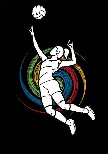 Mulher Jogador Voleibol Ação Cartoon Vector Gráfico — Vetor de Stock