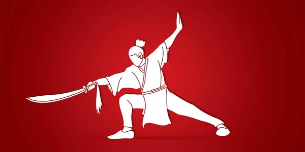 Kung Wushu Con Spada Posa Fumetto Vettore Grafico — Vettoriale Stock