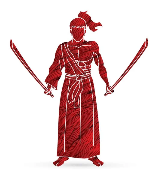 Samurai Krieger Steht Mit Schwertern Cartoon Grafik Vektor — Stockvektor