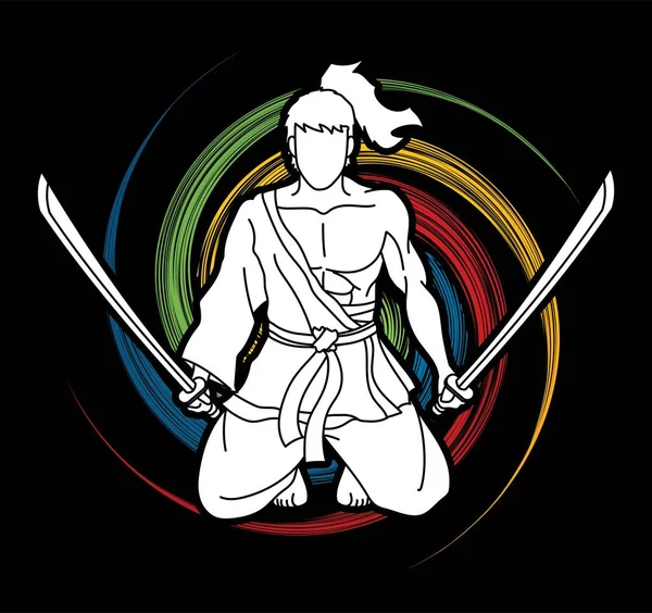 Samurai Warrior Zitten Met Zwaarden Cartoon Grafische Vector — Stockvector