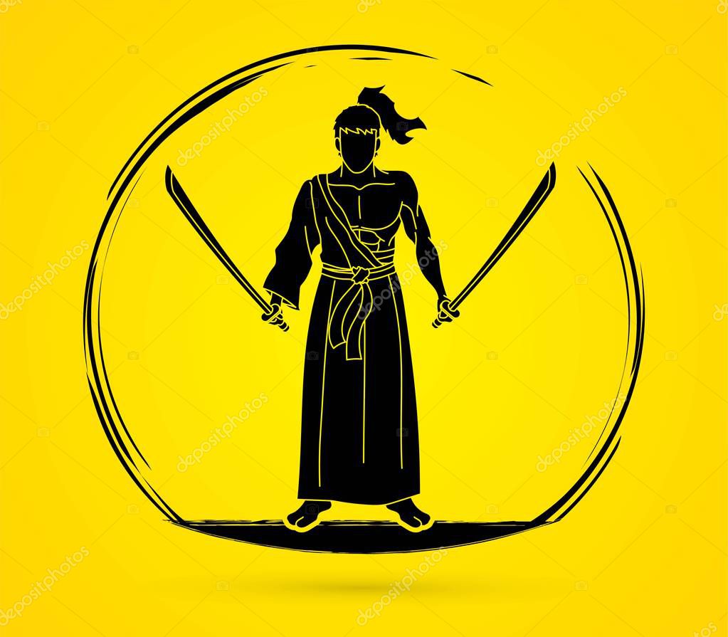Samurai warrior standing with swords cartoon graphic vector.