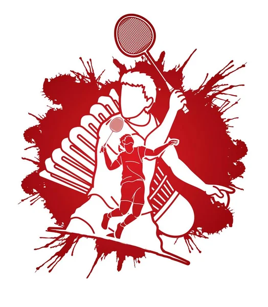 Badminton Jogadores Desenho Animado Esporte Gráfico Vetor —  Vetores de Stock