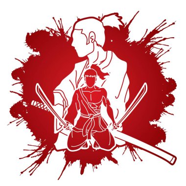 Kılıç eylem karikatür grafik vektör ile Samuray savaşçı.