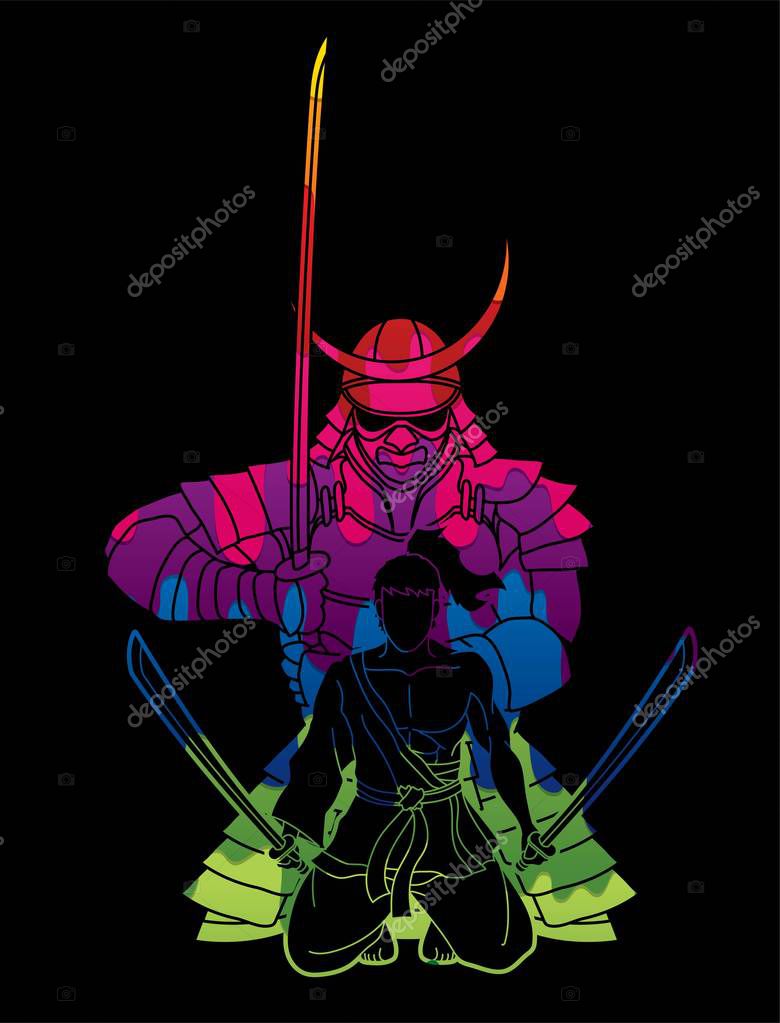 Samurai warriors with swords action cartoon graphic vector.