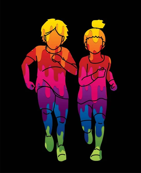 Αγόρι Και Κορίτσι Τρέχουν Μαζί Παιδιά Τρέξιμο Γραφικό Διάνυσμα Κινουμένων — Διανυσματικό Αρχείο
