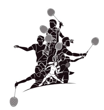 Badminton oyuncular eylem karikatür grafik vektör Grubu.