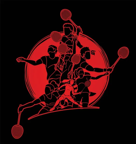 Groupe Badminton Joueurs Action Dessin Animé Vecteur Graphique — Image vectorielle