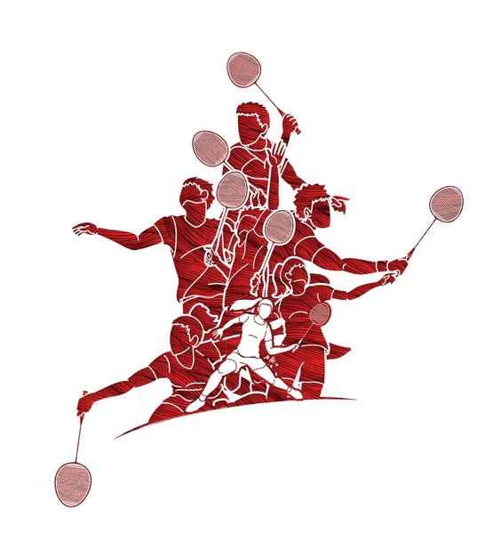 Skupina Badmintonových Hráčů Kreslený Grafický Vektor — Stockový vektor