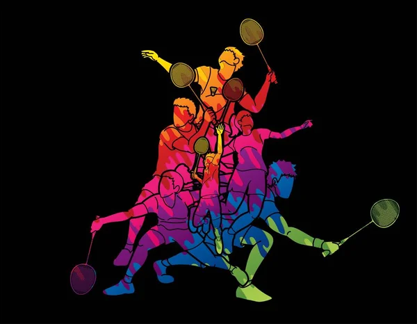 Groep Van Badminton Spelers Actie Cartoon Grafische Vector — Stockvector