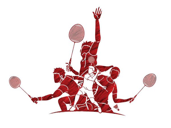 Group of Badminton players action cartoon graphic vector.