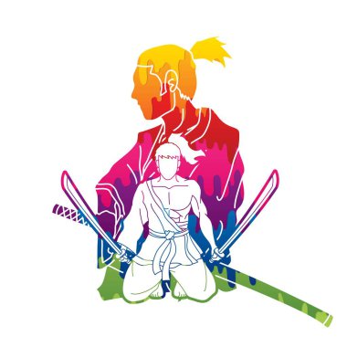 Samurai composition with swords cartoon graphic vector clipart