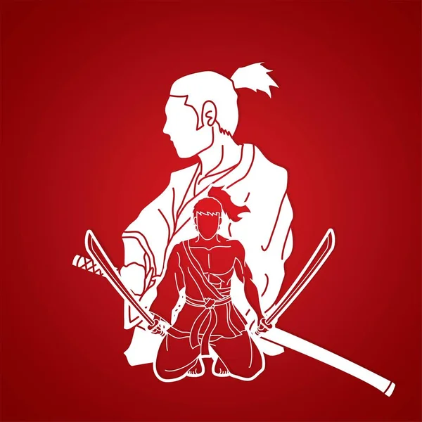 Samurai Composizione Con Spade Fumetto Vettore Grafico — Vettoriale Stock