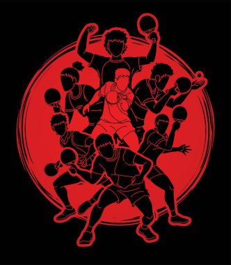 Masa tenisi oyuncuları grubu, masa tenisi oyuncuları aksiyon çizgi film sporu grafik vektörü.