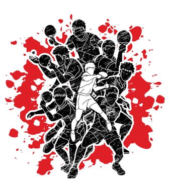 Masa tenisi oyuncuları grubu, masa tenisi oyuncuları aksiyon çizgi film sporu grafik vektörü.