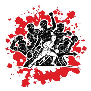 Masa tenisi oyuncuları grubu, masa tenisi oyuncuları aksiyon çizgi film sporu grafik vektörü.