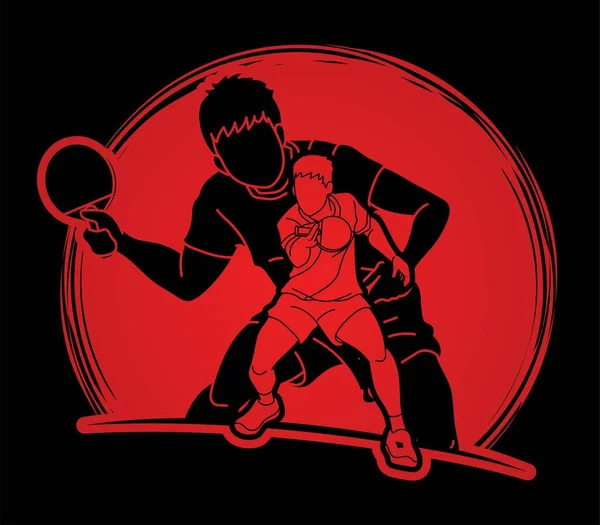 Skupina Ping Pong Hráčů Stolní Tenisté Akční Karikatura Sportovní Grafický — Stockový vektor