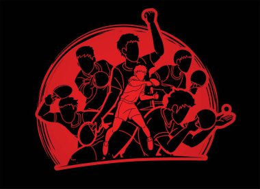 Masa tenisi oyuncuları grubu, masa tenisi oyuncuları aksiyon çizgi film sporu grafik vektörü.