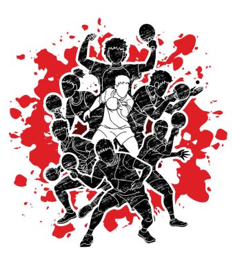 Masa tenisi oyuncuları grubu, masa tenisi oyuncuları aksiyon çizgi film sporu grafik vektörü.