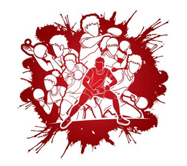 Masa tenisi oyuncuları grubu, masa tenisi oyuncuları aksiyon çizgi film sporu grafik vektörü.