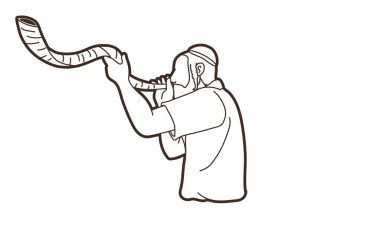 Yahudi, Shofar boynuzu çizgi film grafik vektörünü üflüyor.