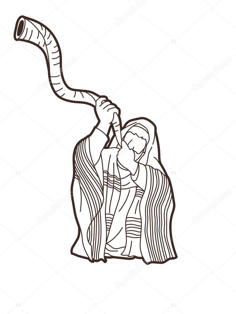 Jewish blowing the Shofar horn cartoon graphic vector.