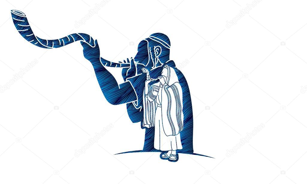 Group of Jewish blowing the shofar horn cartoon graphic vector.