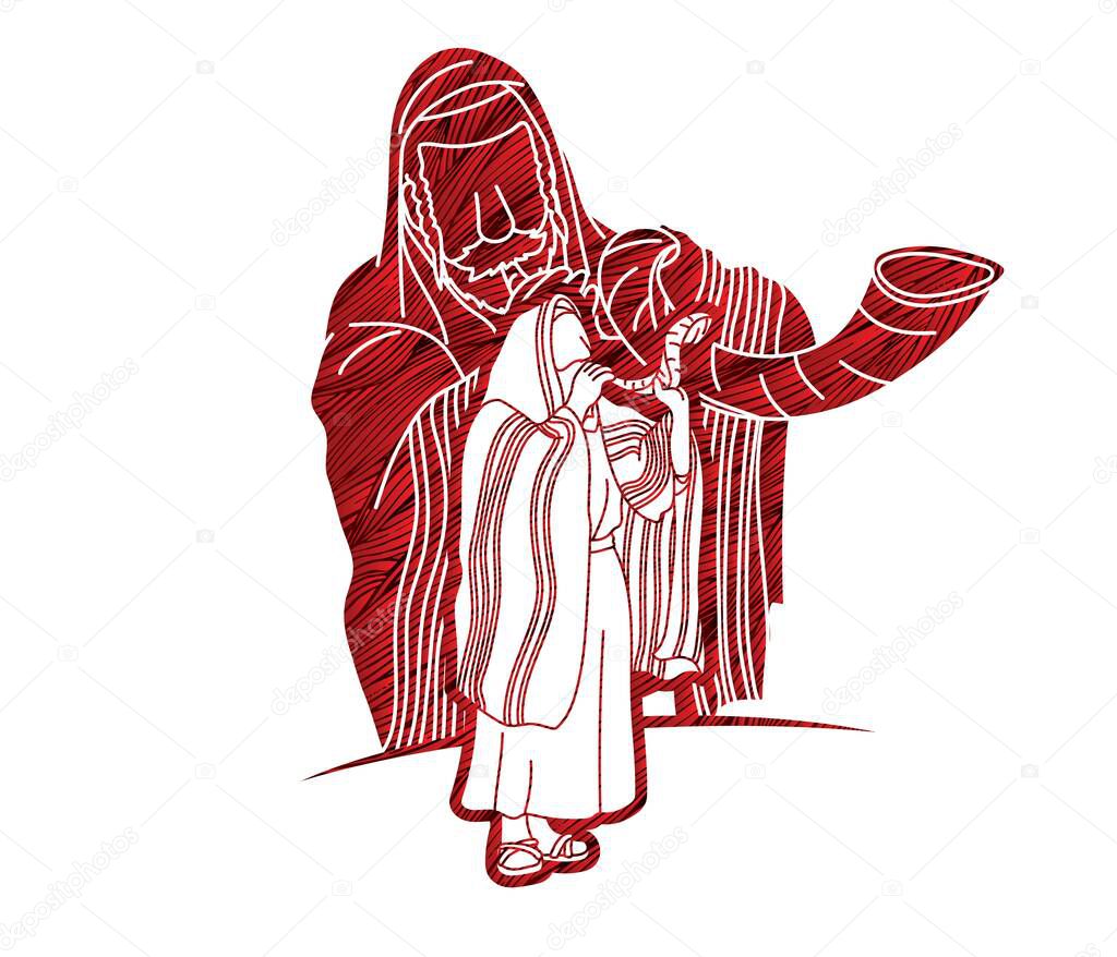 Group of Jewish blowing the shofar horn cartoon graphic vector.