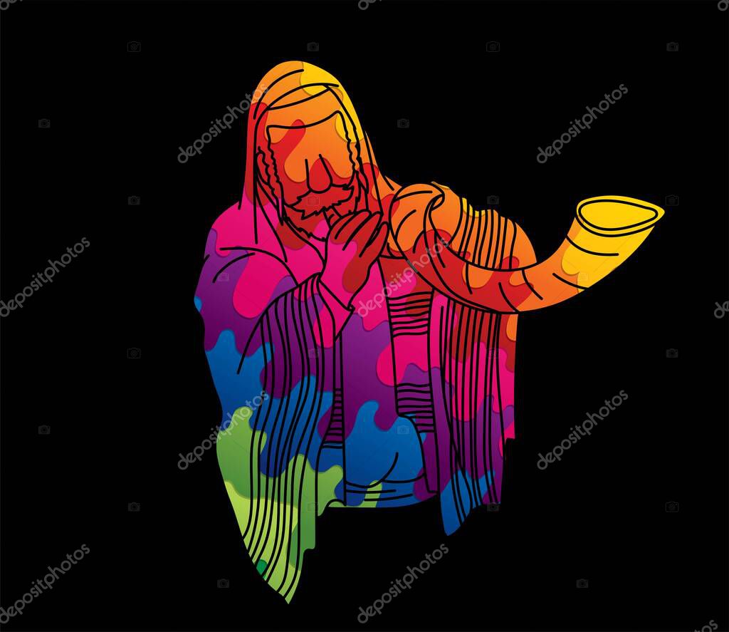 Jewish blowing the Shofar horn cartoon graphic vector.