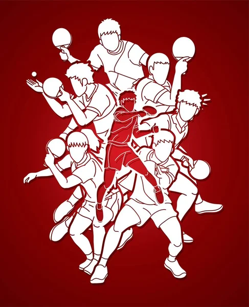 Gruppe Von Tischtennisspielern Tischtennisspielern Action Cartoon Sport Grafik Vektor — Stockvektor