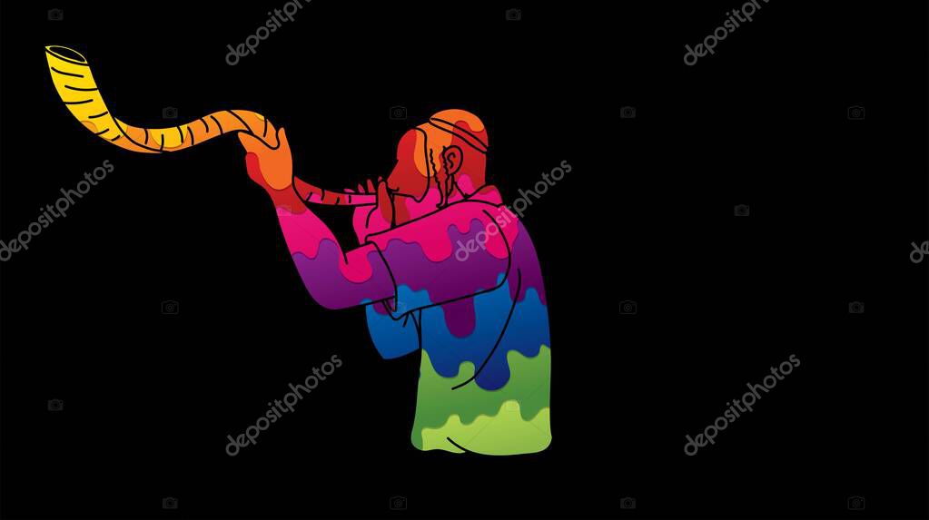 Jewish blowing the shofar horn cartoon graphic vector