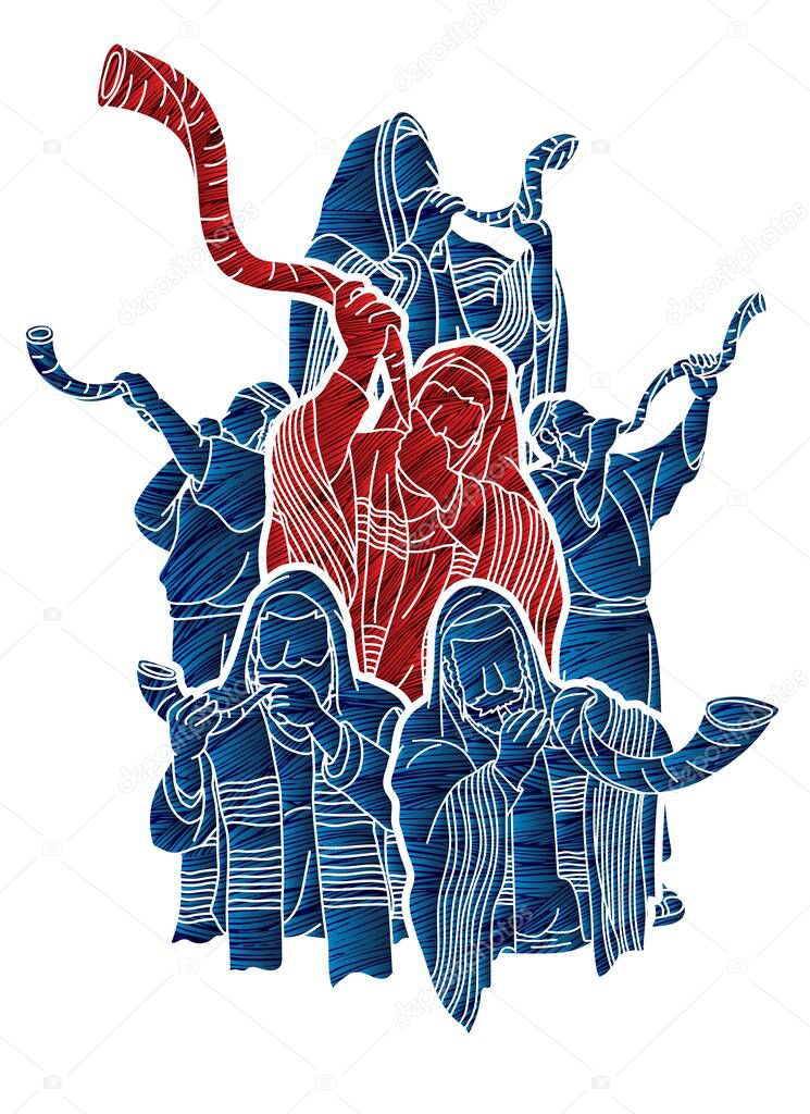 Group of Jewish blowing the shofar horn cartoon graphic vector.