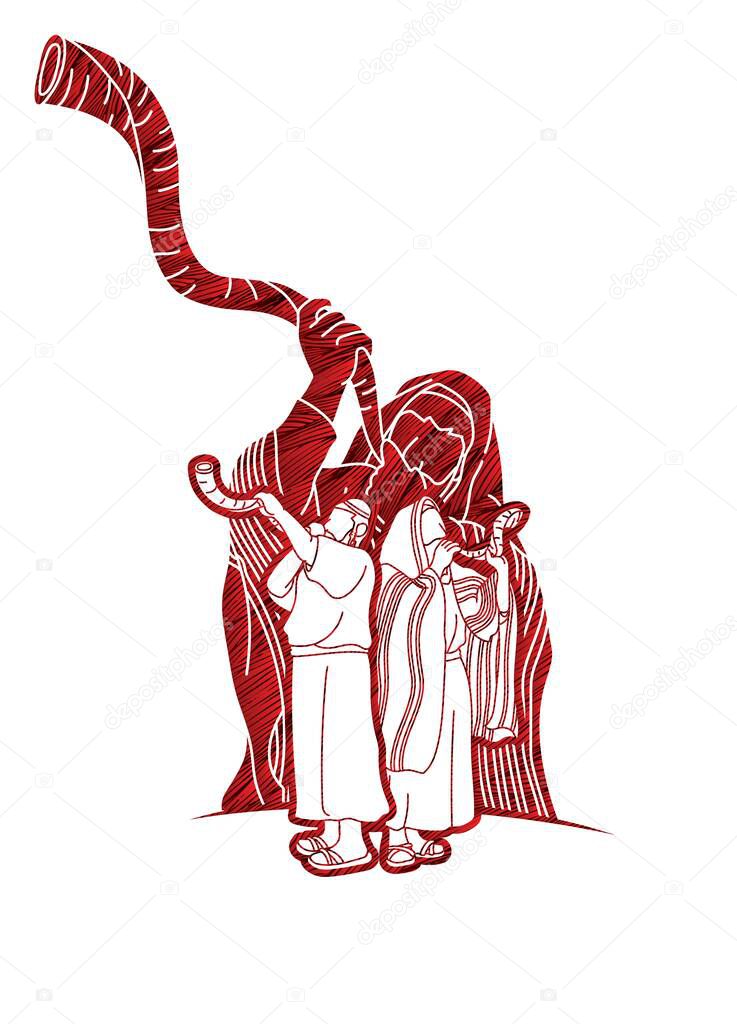 Group of Jewish blowing the shofar horn cartoon graphic vector.