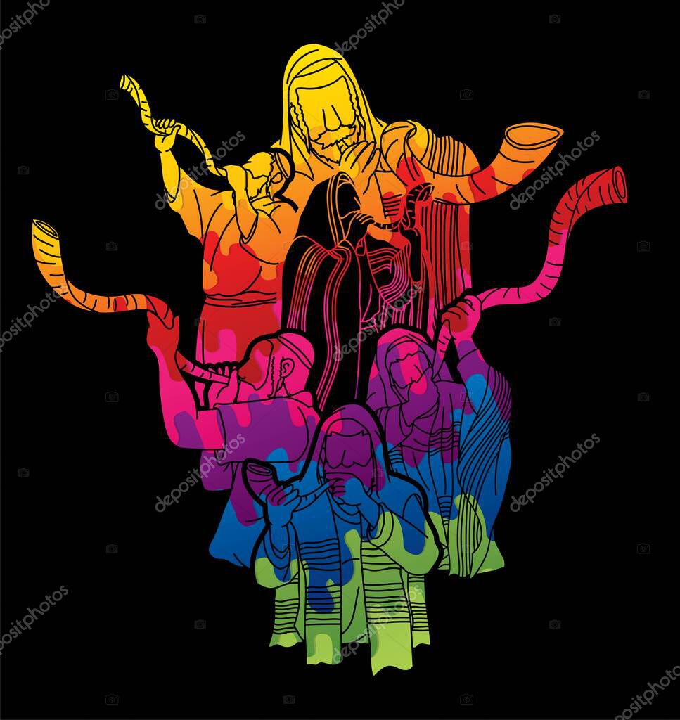 Group of Jewish blowing the shofar horn cartoon graphic vector.