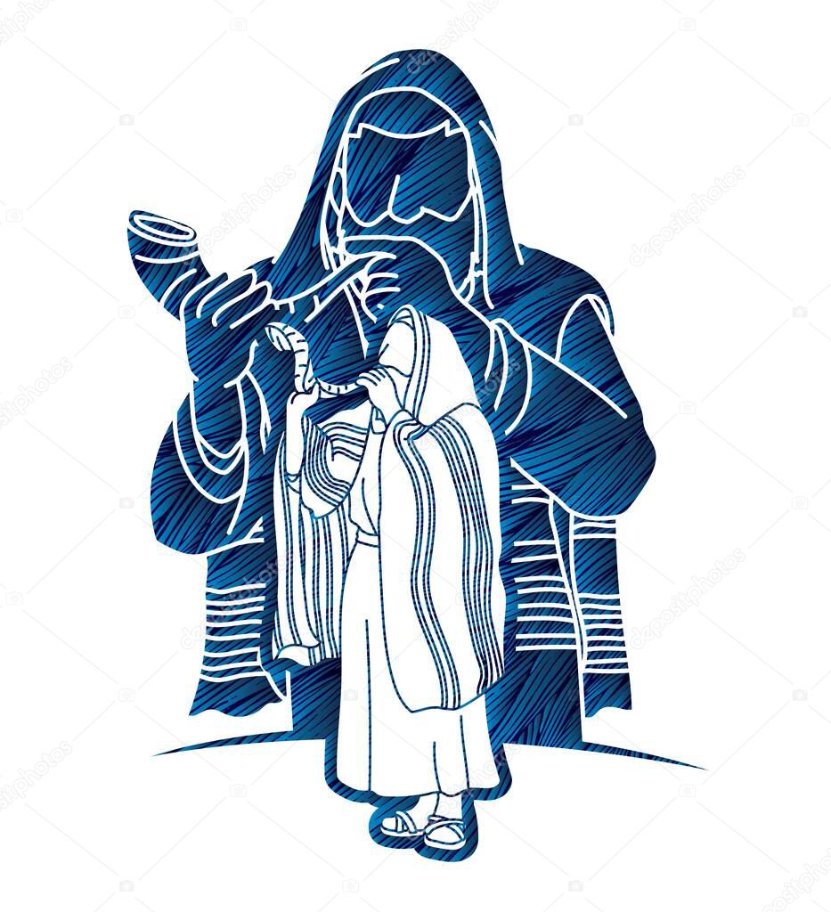 Group of Jewish blowing the shofar horn cartoon graphic vector.