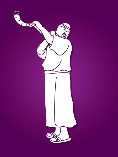 Sărbătoare Trompete Evreu Suflare Shofar Corn Desene Animate Vector Grafic — Vector de stoc