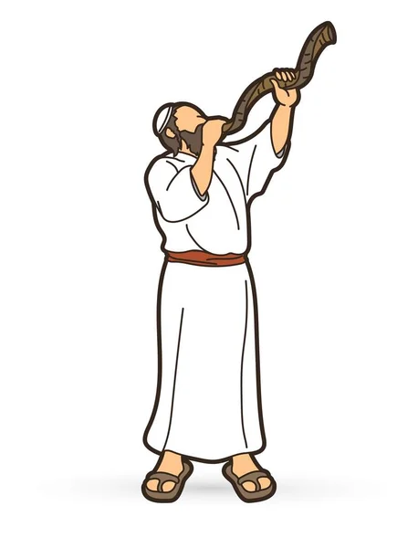 Feast Trumpets Jewish Blowing Shofar Horn Cartoon Graphic Vector — ストックベクタ