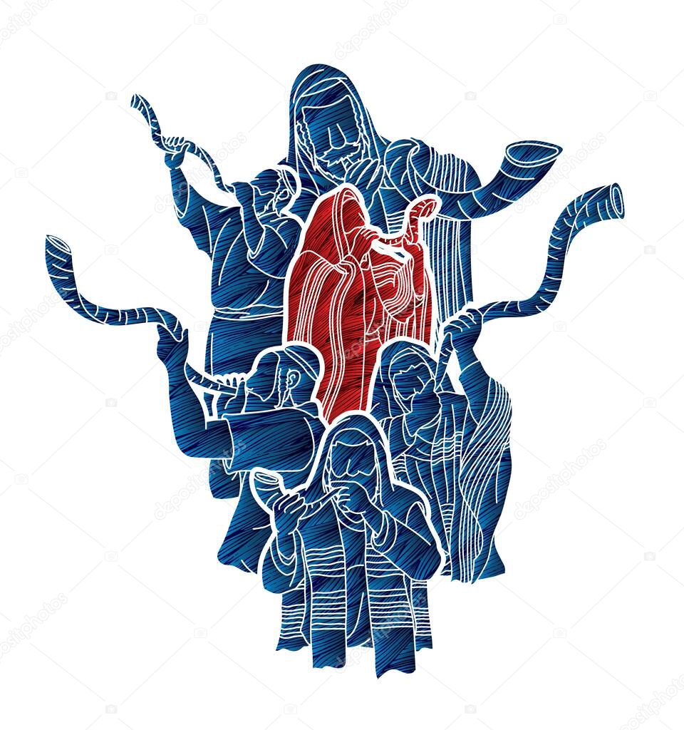 Feast of trumpets.Group of Jewish people blowing the shofar horn cartoon graphic vector