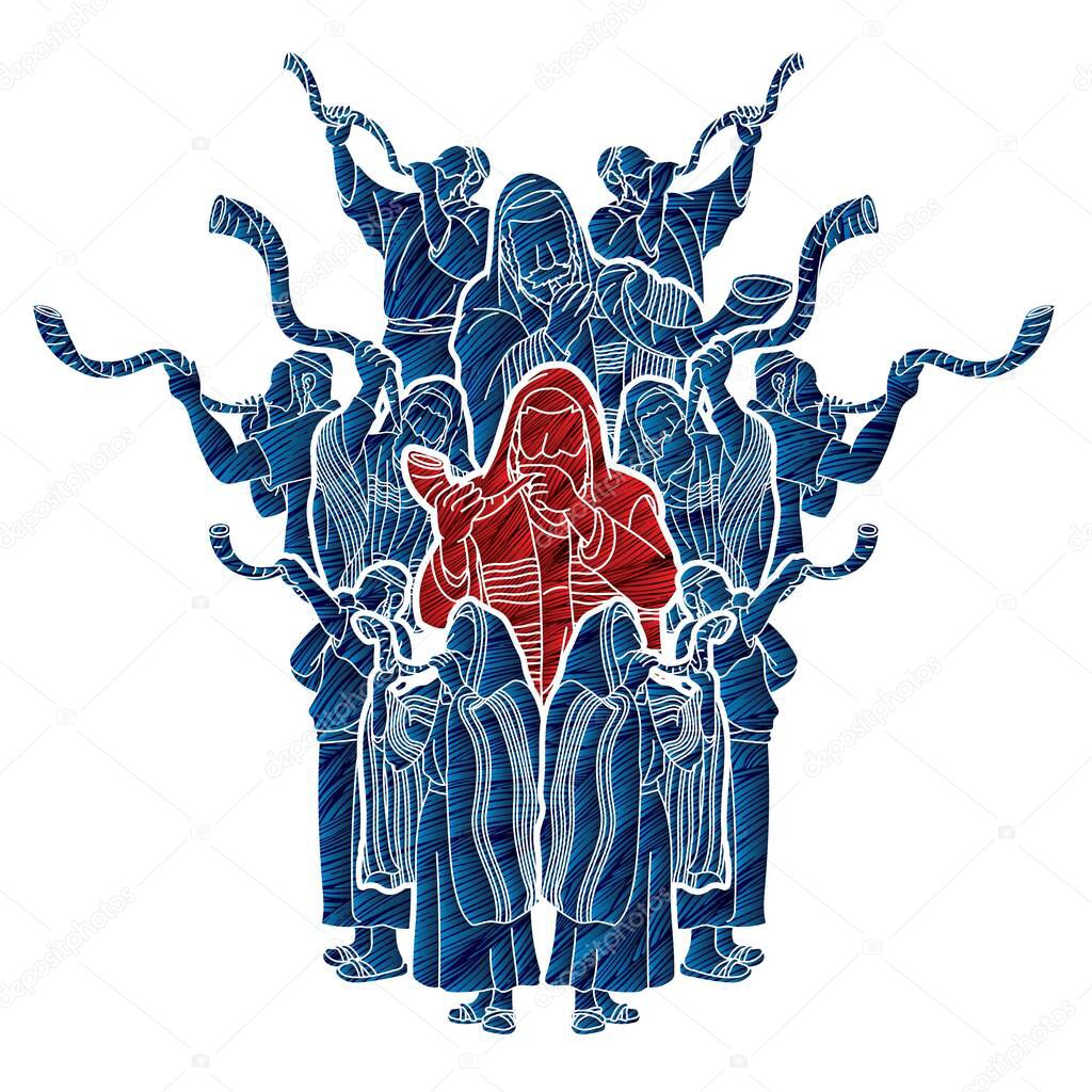 Feast of trumpets.Group of Jewish people blowing the shofar horn cartoon graphic vector