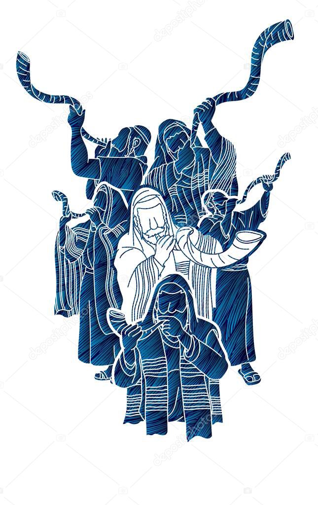 Feast of trumpets.Group of Jewish people blowing the shofar horn cartoon graphic vector