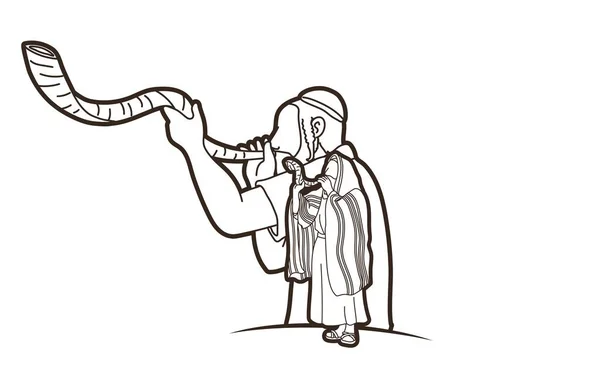 Feast Trumpets Group Jewish People Blowing Shofar Horn Cartoon Graphic — ストックベクタ