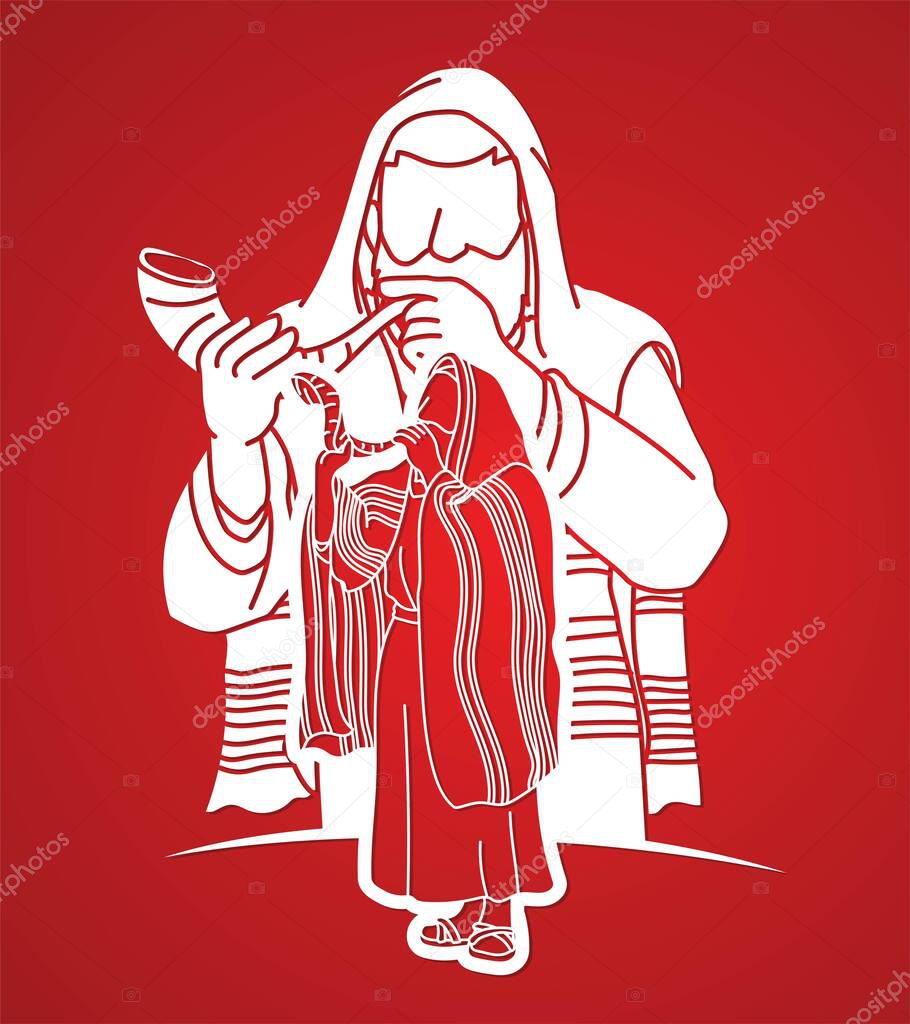 Feast of trumpets.Group of Jewish people blowing the shofar horn cartoon graphic vector