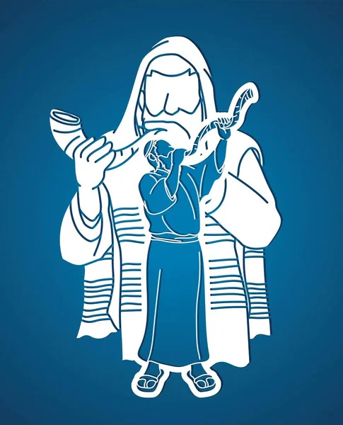 Праздник Труб Евреи Дуют Шофар Рог Графическим Вектором — стоковый вектор